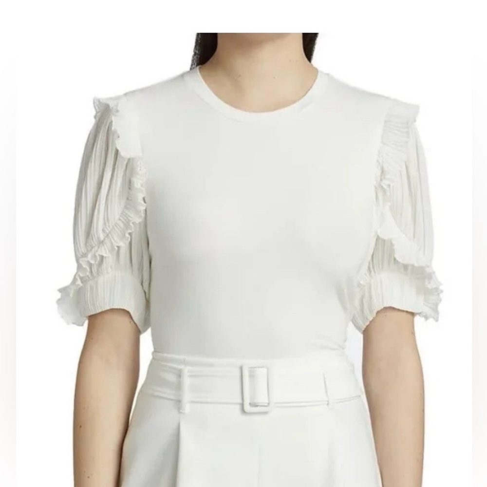 Elie Tahari White Ruffle Sleeve Blouse Pleated Sheer Sleeve Top Feminine Chic M